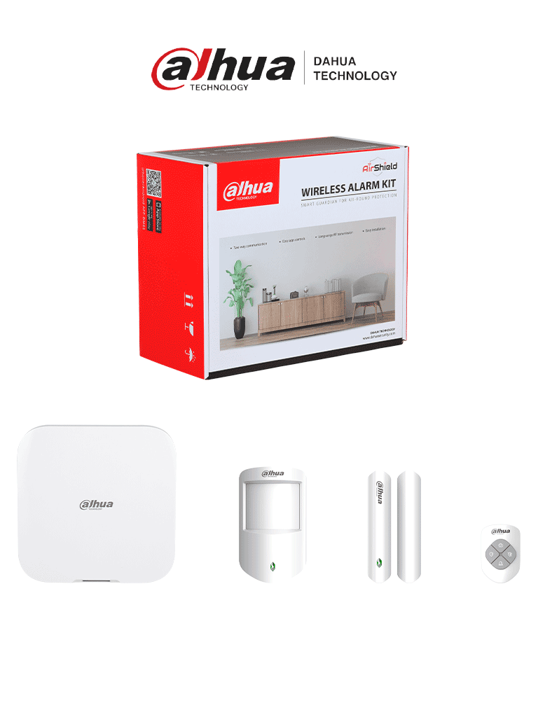 DAHUA DHI-ART-ARC3800H-03-FW2(915) -Kit de Alarma Inalámbrico Hub2, WiFi, Ethernet y 4G, Incluye panel de alarma Hub2, sensor de movimiento, contacto magnético y control remoto, Airshield — Dahua Technology · SKU DHT2480023
