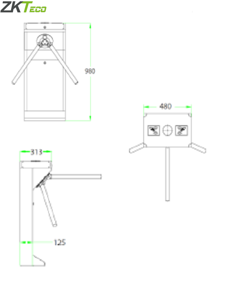 ZKTECO TS1000D - Torniquete Bidireccional / Acero SUS304  / 110V / 25 a 30 x Min / Carril 50 cm / Exterior Protegido / 1 millón de Ciclos / No cuenta con Lectores y Panel / Compatible Rostro, Palma, Huella, Tarjeta, QR
