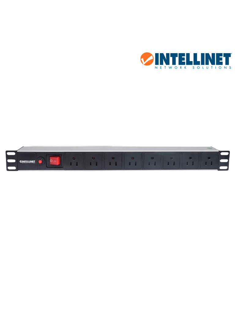 INTELLINET 713993- Barra PDU, 8 contactos, para gabinetes/racks de 19", 1U, con protección contra sobrecarga y botón On/Off.