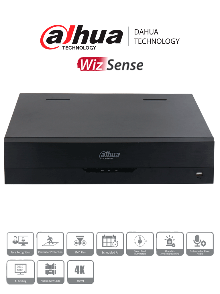 DAHUA DH-XVR5432L-4KL-I3 - DVR de 32 Canales 4k/ WizSense/ H.265+/ Hasta 32 Canales IP/ 6 Canales de Reconocimiento Facial/ Codificación IA/ 4 Bahías para Discos Duros/ IoT&POS/ — Dahua Technology · SKU DHT0370049