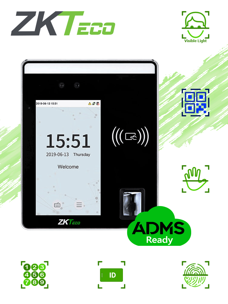 ZKTECO SpeedfaceH5L - Terminal de Control de Acceso y Asistencia/ 6000 Rostros/ 10000 Tarjetas o QR/ 6000 Huellas/ 3000 Palmas/ Pantalla Touch de 5/ Reconocimiento a 2m/ Serie Visible Light/ TCP/IP — ZKTeco · SKU ZKT0650025