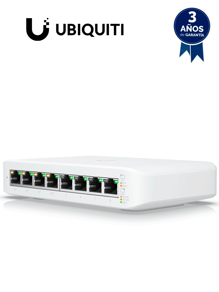 UBIQUITI USW-LITE-8-POE - Switch UniFi Lite Administrable PoE de 8 Puertos 10/100/1000 Mbps (4 puertos 802.3af/at) , 52 W , Capa 2 , Refrigeración silenciosa sin ventilador. · SKU UBI3720001