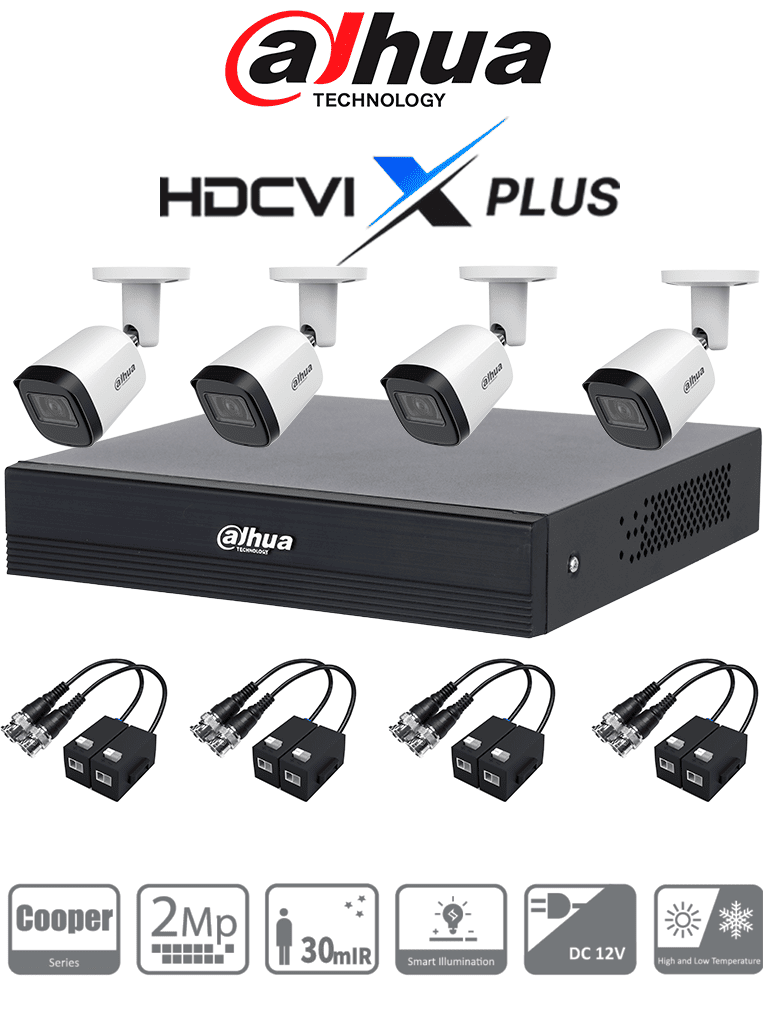 DAHUA DH-KIT/XVR1B04-I/T/4-B2A21N-U-0280B/Balun - Kit 4 Canales Cámaras B2A21N-U de 2 MP, DVR XVR1B04-I/T Soporta Audio Bidireccional, Lente 2.8mm, Visión de 93°. Soporta 4 Canales más 1 IP o 5 Canales IP, SMD Plus, Incl. Transceptores/