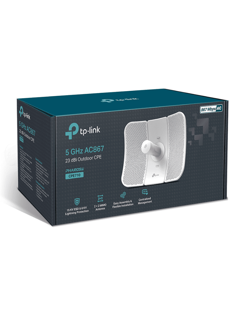 TP-LINK CPE710 - CPE de Exterior 5GHz AC 867Mbps 23dBi de alta ganancia MIMO 2×2, ideal para aplicaciones de larga distancia, Pharos Control para adminstración centralizada y modos de operación: AP, Cliente, Repetidor, AP Router/ AP Cliente Router (WISP)