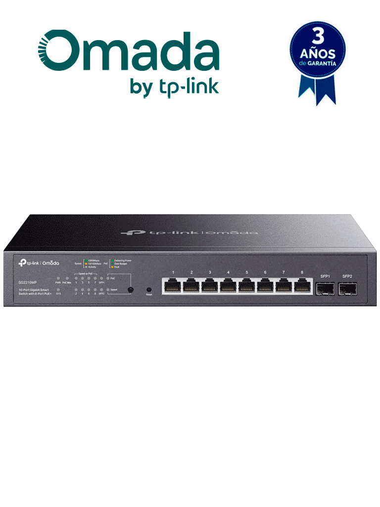 TP-LINK SG2210MP - Switch JetStream SDN administrable con 8 puertos 10/100/1000 Mbps y 2 puertos SFP, equipado con 8 puertos PoE y un presupuesto total de 150W. Permite administración centralizada a través de OMADA SDN." — TP-Link · SKU TPL3720015