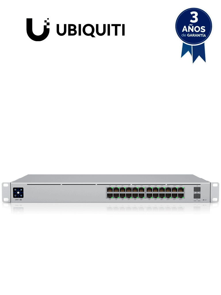 UBIQUITI USW-PRO-24-POE - UniFi Switch Gigabit PoE PRO con 24 puertos PoE Gigabit Ethernet, 2 puertos SFP+, 400W de potencia PoE, pantalla informativa, compatible con PoE at y PoE bt. · SKU UBI1850002