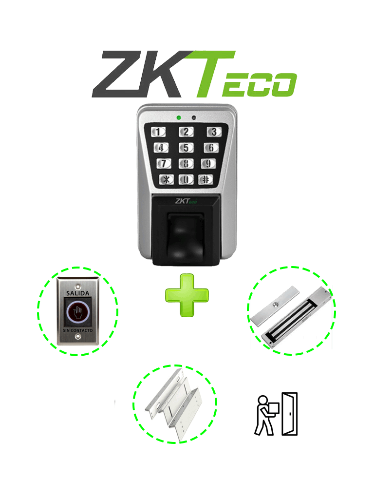 ZKTECO MA500PAK - Control de Acceso Profesional de Huella / Tarjeta y Password para Exterior con IP65 / Incluye Contrachapa Magnética LM2805 de 200Kg / Soporte de Fijación ZL / Botón de Salida No Touch — ZKTeco · SKU ZKT0800025