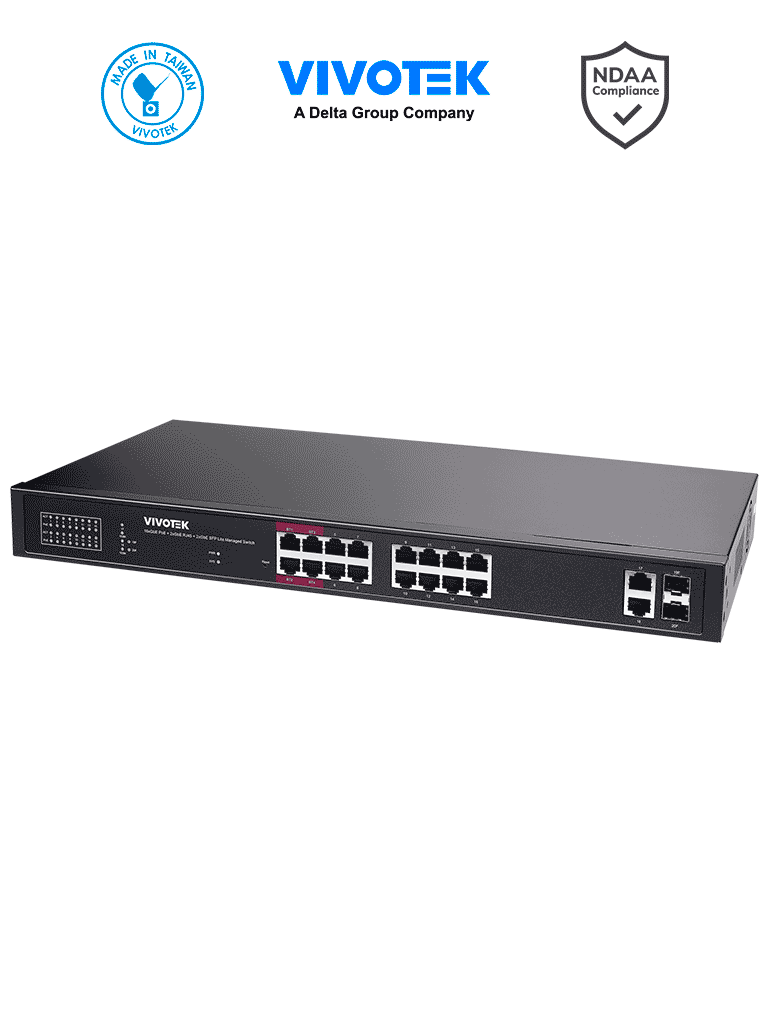 VIVOTEK AW-GEL-205A-260 - Switch PoE 20 puertos Administrable Lite, 16 puertos GE 30W PoE, 4 puertos GE 90W PoE, 2 puertos GE UTP, 2 puertos GE SFP lite, 40 Gbps, 260W totales, PoE Extendido 250 Mts, NDAA · SKU VIV3720010