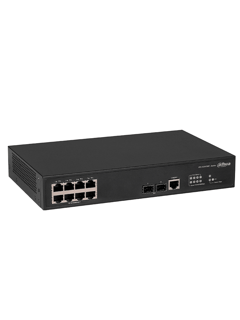 DAHUA DH-AS4300-8GT2GF- Switch Gigabit administrable de capa 2 con 8 puertos10/100/1000 Base-T y2 ranuras SFP d 1Gbps. Ofrece una capacidad de switching de 20Gbps y viene con una robusta carcasa metálica, ideal para redes de alto rendimiento