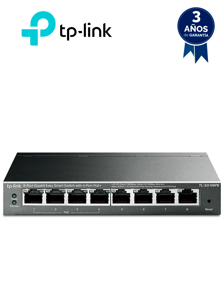 TP-LINK TL-SG108PE - Easy Smart Switch PoE JetStream con 8 puertos de 10/100/1000 Mbps y una capacidad de suministro de 64 W. — TP-Link · SKU TPL3720010