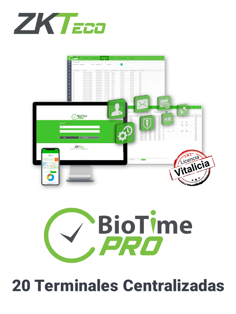 ZKTECO BIOTIMEPROSTANDARD- Licencia de Asistencia Vitalicia / Versión WEB / para 20 Terminales Centralizadas / 2000 Empleados / 1 Punto para App / 2 Multicompañías