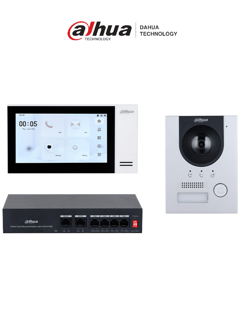 DAHUA KTP01L(S)-Kit de Videoportero IP con Frente de Calle Metálico Antivandálico y cámara de 2MP. Incluye monitor táctil de 7", ranura SD, control de puerta, E/S de alarmas, y switch PoE d 6 puertos, 36W Ideal para seguridad avanzada