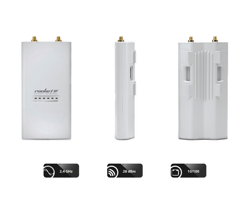 UBIQUITI ROCKETM2 - Radio Airmax 2.4GHz para exteriores con conectores RP-SMA, MIMO, potencia de 28 dBm y rendimiento de hasta 150 Mbps.