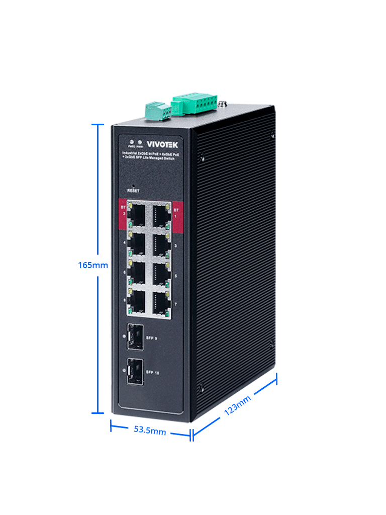 VIVOTEK AWIHB1040EXT - Kit Switch PoE AW-IHB-1040 y Gabinete AT-CAB-001, 8 ptos Administrable, 2 ptos PoE GbE 90W, 6 ptos GbE 30W, 2 ptos GbE SFP, 300W Totales, PoE Extendido 250 mts,VLAN, Alimentacion 48-56VDC (fuente no incluida), IP66, IK10