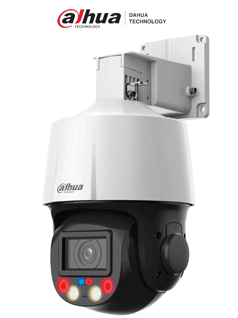 DAHUA SD3E405DB-GNY-A-PV1 - Camara IP PTZ de 4 MP TiOC de 5x de Zoom Optico/ Iluminación Dual Inteligente/ Disuasión Activa con Luz Roja y Azul/ IR de 50 Metros/ Micrófono y Altavoz Integrado/ Audio 2 Vías/ Ranura para MicroSD/ IP66/ PoE — Dahua Technology · SKU DHT0060100
