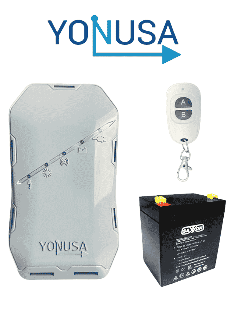 YONUSA EYHS1BAT Energizador de nueva generación para solución de cerco eléctrico. Cubre 500 metros lineales o 100 metros en 5 líneas  y batería de respaldo de 12VDC a 4.5 Ah