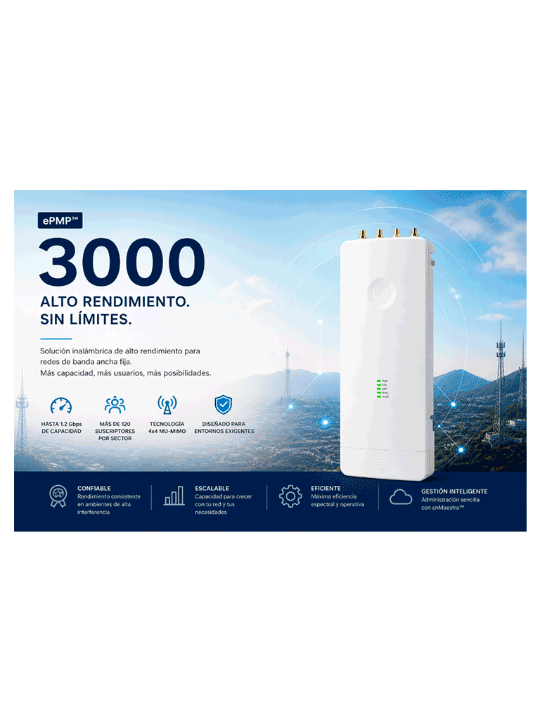 CAMBIUM ePMP 3000- RADIO CONECTORIZADO CON FILTRO INTELIGENTE Y SINCRONIZACION GPS/ PTP/ PTMP 120 SM / 5 GHZ/ EXTERIOR/ MU-MIMO 4X4/ GIGABIT LAN/ 32 DBM/ C050910A101A