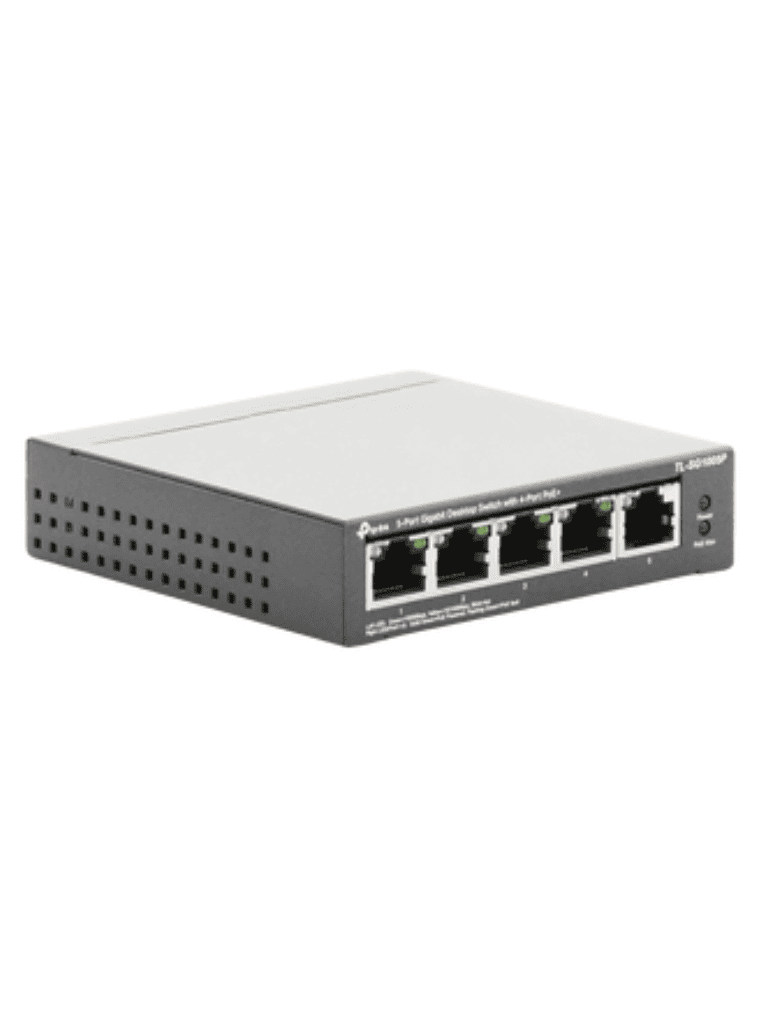 TP-LINK TL-SG1005P - Switch Escritorio No Administrable de 5 puertos 10/100/1000 Mbps, con 4 puertos PoE 802.3af/at de hasta 65 W y PoE Extendido hasta 250 metros.