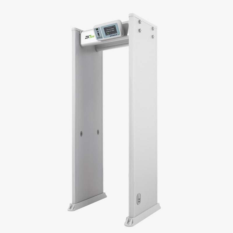 ZKTECO D4330 - Arco Detector de Metales con 33 zonas de detección, 300 niveles de sensibilidad, pantalla HD 7", indicadores LED en ambas vistas, control remoto y batería de respaldo incluida.