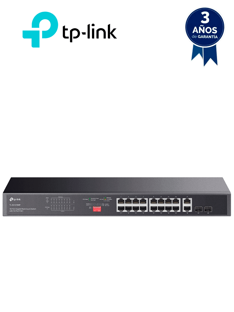 TP-LINK TL-SG1218MP - Switch no administrable de 16 puertos 10/100/1000Mbps y PoE af/at con 2 puertos SFP hasta 250W. — TP-Link · SKU TPL3720012