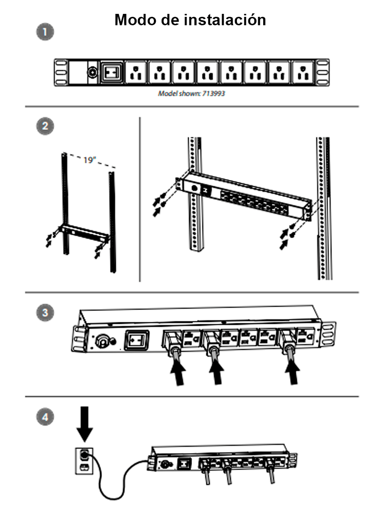 INTELLINET 713993- Barra PDU, 8 contactos, para gabinetes/racks de 19", 1U, con protección contra sobrecarga y botón On/Off.