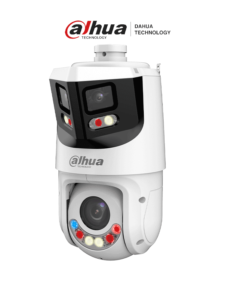 DAHUA SDT4E425-8P-GB-APV1-Cámara IP PTZ 8+4MP,8MP Vista Panorámica+4MP PT, TiOC WizSense, 25X Zoom, IR hasta100m, disuasión activa con Estrobo de Luz Roja y Azul, Altavoz Integrado, protección perimetral, Iluminador dual inteligent, IP66 — Dahua Technology · SKU DHT0060104