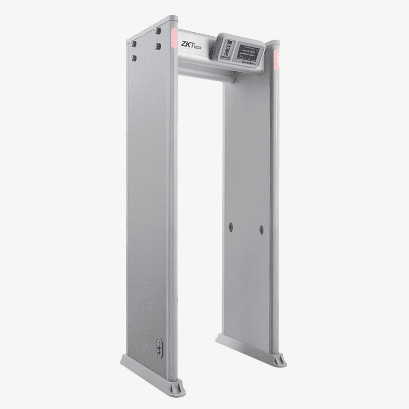 ZKTECO D4330 - Arco Detector de Metales con 33 zonas de detección, 300 niveles de sensibilidad, pantalla HD 7", indicadores LED en ambas vistas, control remoto y batería de respaldo incluida.