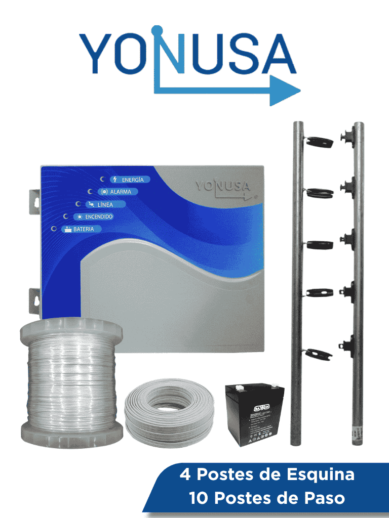 YONUSA PAKEY10000127AF - Paquete de ENERGIZADOR de alta frecuencia ANTIPLANTAS 10 000V / Postes de paso / Postes esquina / Bobina de alambre / Cable bujia / Bateria
