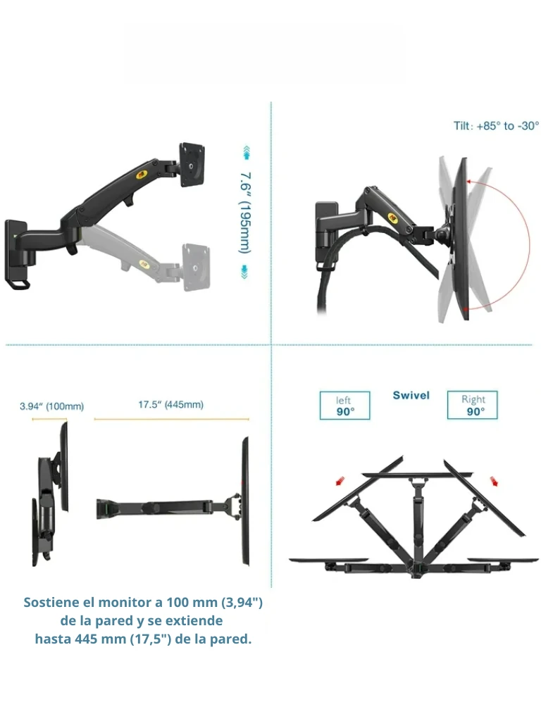 TCE F150 - Soporte de Pared para Pantallas de 17 a 35" , Carga Máxima 12 Kg , VESA 75x75mm / 100x100mm , Ajuste Inclinación y Rotación