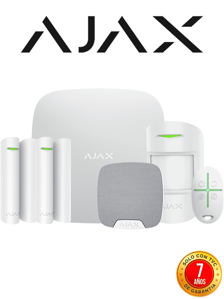 AJAX KIT RESIDENCIAL - Panel de alarma Hub2Plus conexión Ethernet / WiFi / LTE, APP “AJAX PRO” iOS y Android , 1 sensor de movimiento, 2 detectores para puerta o ventana, 1 control remoto y una sirena interior inalámbrica color Blanco — Ajax Systems · SKU AJX2480002