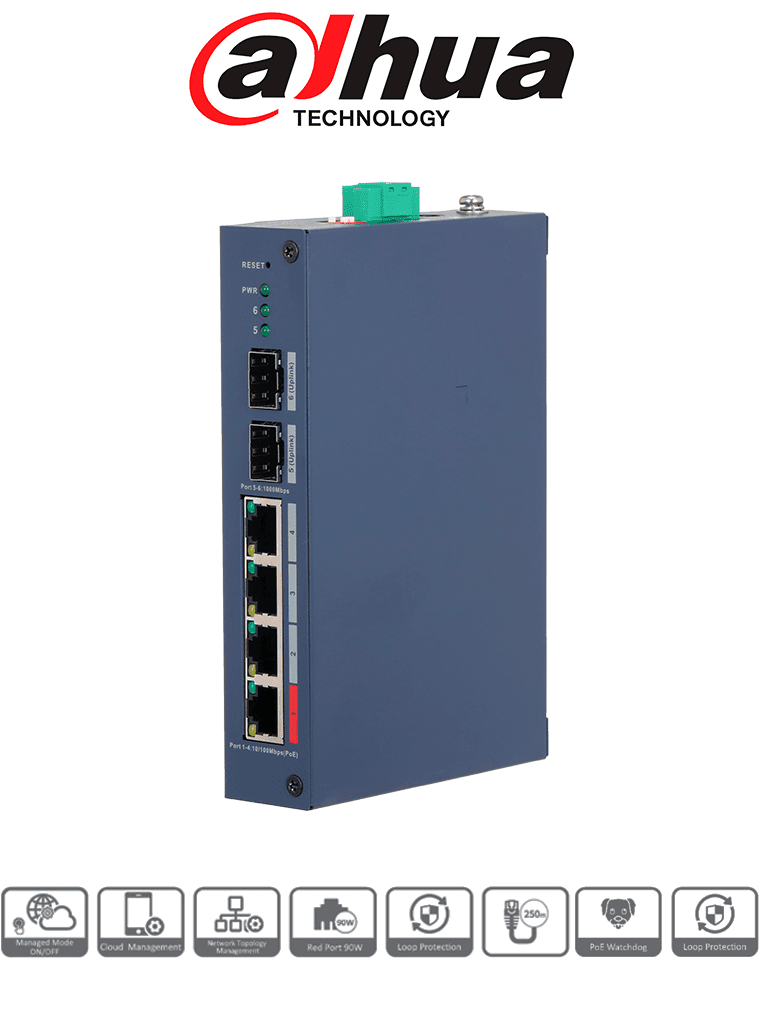 DAHUA DH-CHS4206-4ET-90 - Switch PoE de 6 Puertos Semi Industrial/ 4 Ptos Downlink PoE/ 2 Ptos Uplink SFP Gigabit/ Hasta 120W Totales/ 802.3AF & AT/ 1 Pto Hasta 90W/ Administrable Cloud Vía Dolink Care — Dahua Technology · SKU DHT3720076