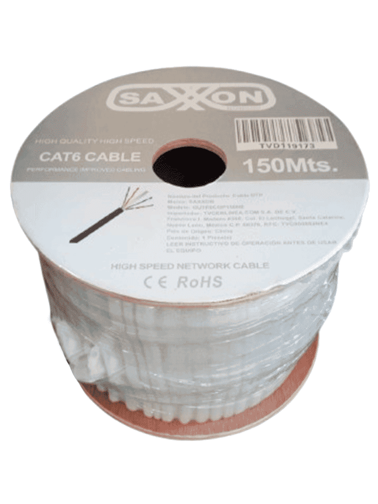 SAXXON OUTP6COP150NE - Bobina de Cable UTP Cat6 100% Cobre/ 150 Metros/ Uso Exterior/ Cubierta LDPE/ 4 Pares/ Soporta Pruebas de Rendimiento/ Cumple con Estandares ISO / IEC 11801 Ed2; EIA / TIA568B/ UL/  Ideal para Cableado de Redes y Video/
