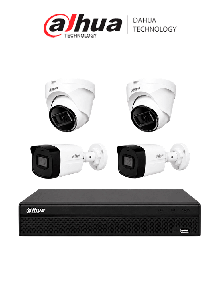 DAHUA KIT NVR1104HS-P-S3/H - NVR de 8 Megapixeles/ 4k/ 4 Canales IP/ 4 puertos PoE/ Smart H.265+/ Rendimiento de 80 mbps/ Salida de Video HDMI&VGA/ 1 Bahía de Disco Duro de Hasta 8TB + 2  IPC-B1E20 Bullet de 2 MP + 2 IPC-T1E20 Domo de 2 MP/