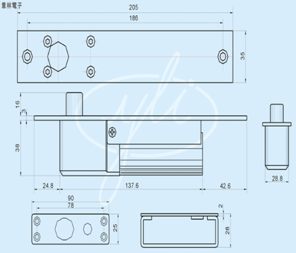 YLI YB300PACK - Paquete de cerradura de perno para control de acceso de puertas con retardo configurable de 3, 6 y 9 segundos incluye soporte de instalacion modelo YM600/ Voltaje dual 12 o 24 VDC