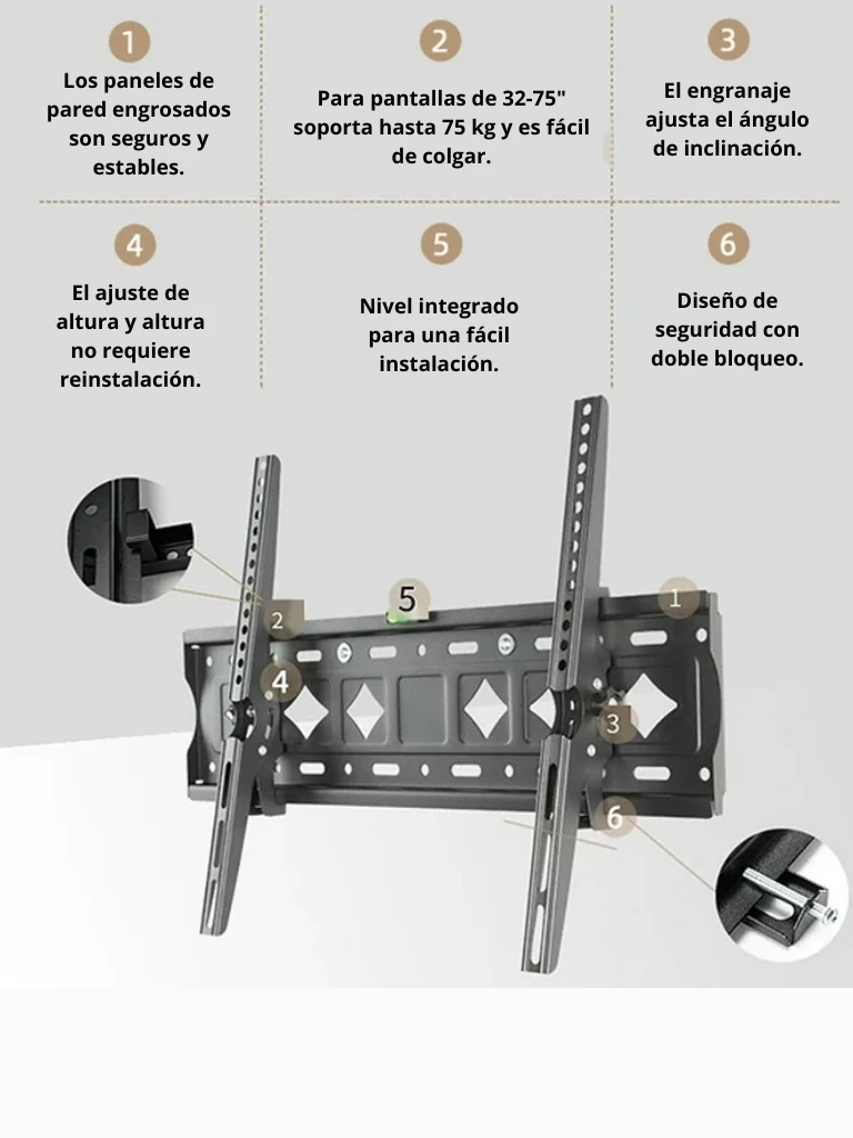 TCE LMDBJ05 - Soporte de Pared Fijo para Pantallas de 32 a 75 " , Carga Máxima 75Kg , VESA 600x400mm / 400x400mm / 400x200mm , Ajuste de Inclinación