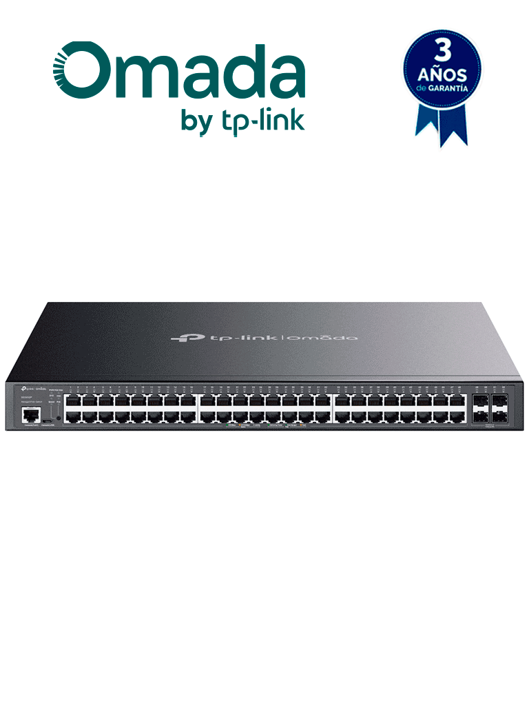 TP-LINK SG3452P - Switch L2+ Omada PoE+ con 48 puertos PoE+ 10/100/1000 Mbps, 4 puertos SFP 1G, consola RJ45/microUSB, gestión centralizada Omada/Stand-Alone, soporte Multicast IGMP, Calidad de Servicio (QoS), y presupuesto PoE 384W — TP-Link · SKU TPL3720020
