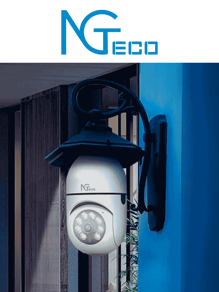 NGTECO NGSH01C2IN - Cámara Inteligente WiFi / 3MP / Visión PTZ 355° / Lente HD 4mm / Visión Nocturna IR + Luz Blanca / Audio 2 Vias / Almacenamiento Local y en la Nube / Onvif / Compatible con Alexa y Asistente de Google