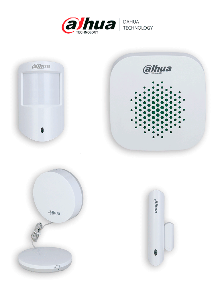 DAHUA PAQUETE BASE - Paquete básico de periféricos para sistemas inalámbricos de intrusión de Dahua, Incluye: 1 PIR para interior, 1 Contacto magnético, Sirena para interior, Detector de inundación, Administrable desde la aplicación DMSS, AirShield