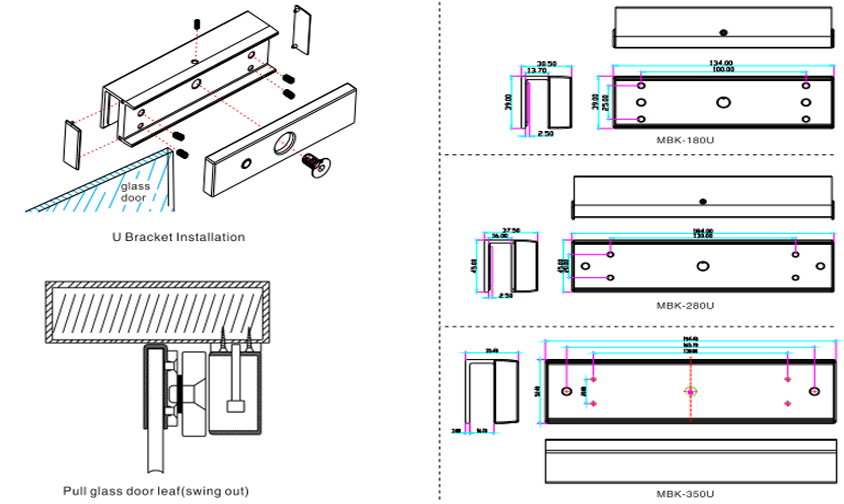 YLI MBK180U - Soporte en U para Puertas de Vidrio Sin Marco / Compatible con Cerradura Magnética YM180NLED