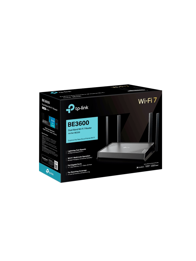 TP-LINK Archer BE220 - Router WiFi 7 de Doble Banda a 3.6 Gbps/ Puertos 1× Puerto WAN de 1 Gbps + 4× puertos LAN de 1 Gbps/ 4× Antenas Externas con Beamforming/ Compatible con EasyMesh