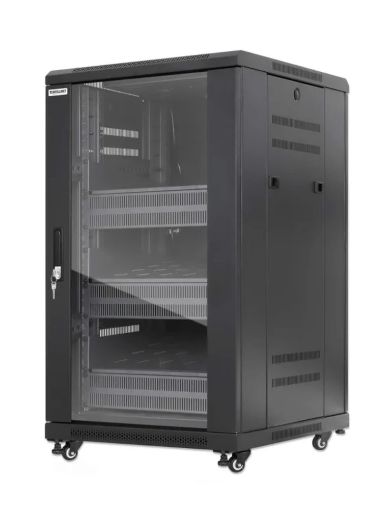 INTELLINET - 716222 - Gabinete 19" Pro Line con extractores de aire, 18U / Frente de 600 mm, unidad de ventilación con dos extractores de aire instalados en el techo, profundidad de 600 mm, Ensamblado, negro RAL 9004