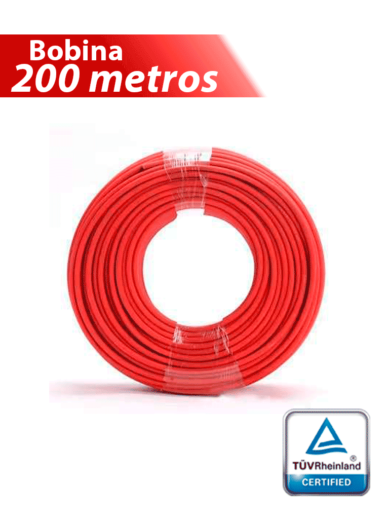 Cable Fotovoltaico TUV H1Z2Z2-K - Carrete 200 metros lineales Cable Fotovoltaico Color Rojo 6mm2/ Calibre 10AWG / Cubierta libre de halógenos cero propagación de llama / 1.0/1KVAC, 1500DC / MAX VOLTAJE 1800 VDC