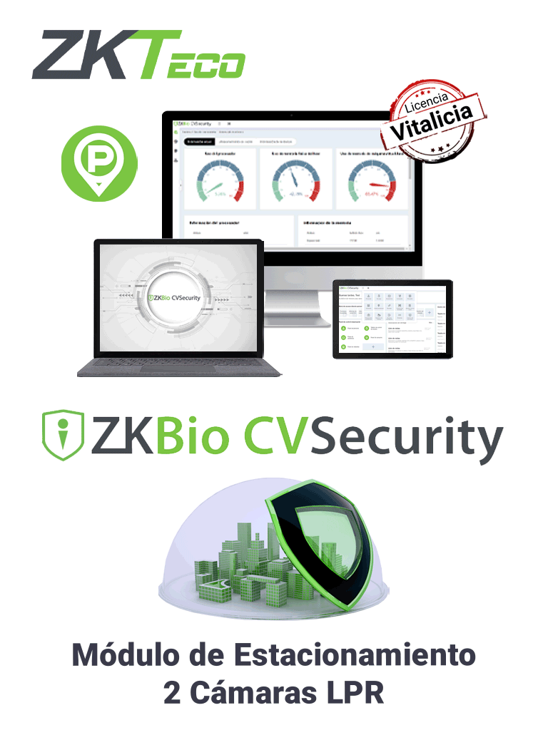 ZKTECO ZKBIOCVPARKLPR2 - Modulo Vitalicio para Gestión de Estacionamiento del BioCVSecurity / Soporta 2 Cámaras LPR  / 10 000 Usuarios / 1000 Áreas / 1000 Departamentos