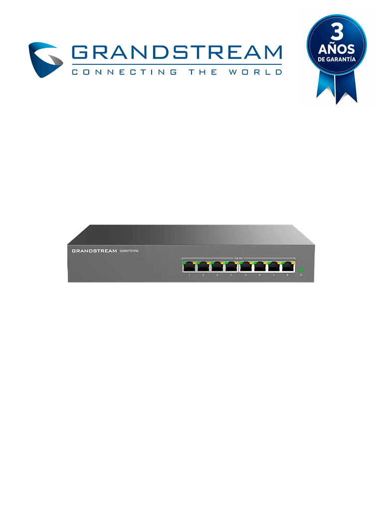 GRANDSTREAM GWN7701PA - Switch PoE no administrable/ 8 puertos Gigabit, todos PoE 802.3af/at/ Presupuesto PoE 145W, hasta 30W por puerto/ Capacidad 16 Gbps/ Plug & Play sin configuración/ Ideal telefonía IP, videovigilancia y APs