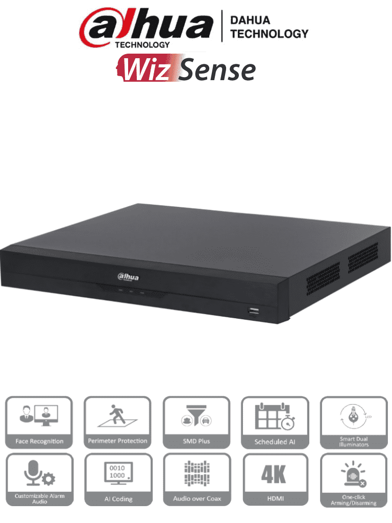 DAHUA XVR5232AN-4KL-I3 - DVR de 32 Canales 4k/ 8 Megapixeles/ WizSense/ Con IA/ 6 Canales de Reconocimiento Facial/ H.265+/ Hasta 32 Canales IP/ Codificación IA/ SMD Plus/ 2 Bahías de Discos Duros/ Funciones IoT&POS — Dahua Technology · SKU DHT0370048