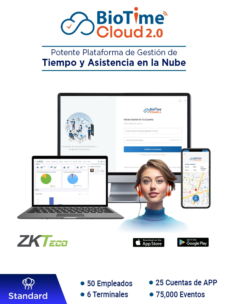 ZKTECO BIOTIMECLOUDSTANDARD - Licencia de Asistencia en la Nube para 50 Empleados, 6 Terminales, 75,000 Eventos y 25 Cuentas de App, Suscripción por un Año